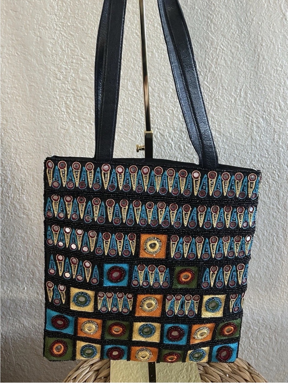 Chico’s Vintage Boho Beaded Mirror Tote Bag Black Satin Shisha Embroidered Purse